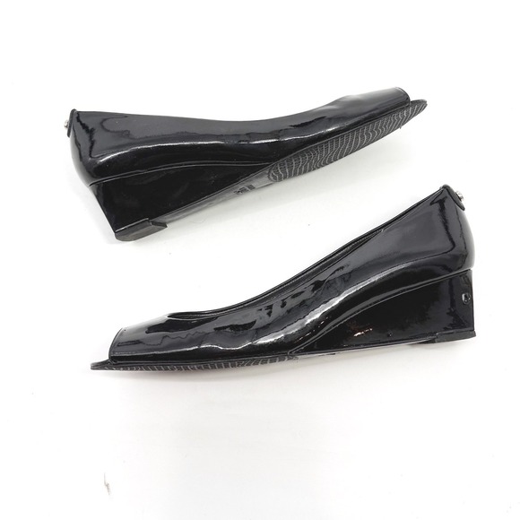 Stuart Weitzman Black Patent Leather Peep Toe Wedge Pumps Size 10.5 M - Picture 11 of 13